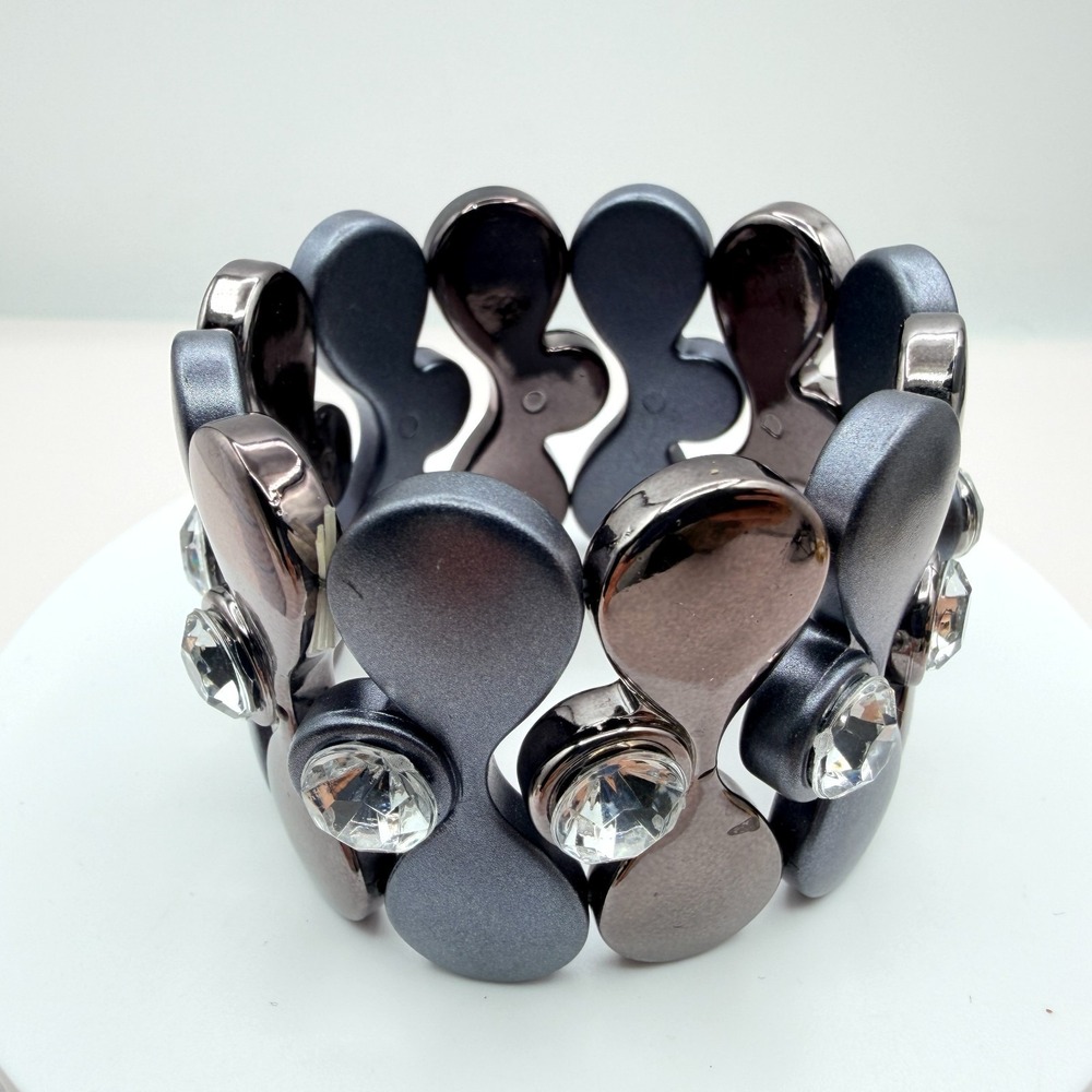 Vintage Gray Stretch Bracelet with Rhinestones & Chunky Geometric Design